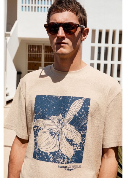 Nord Erkek Baskı Detaylı Organik Pamuk Oversize Kısa Kol Bisiklet Yaka Bej T-Shirt