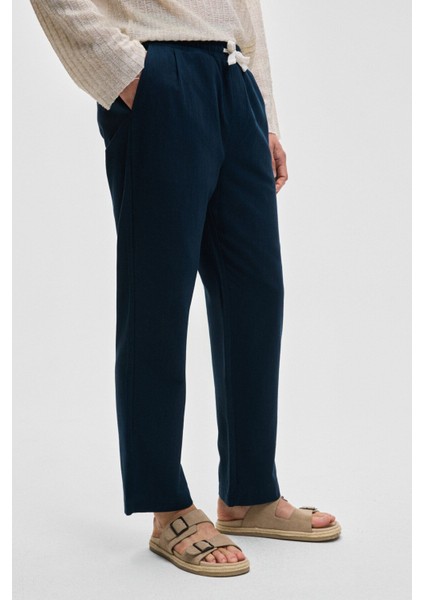 Edvın Erkek Beli Lastikli Yanları Cepli Keten Karışımlı Relaxed Fit Lacivert Pantolon