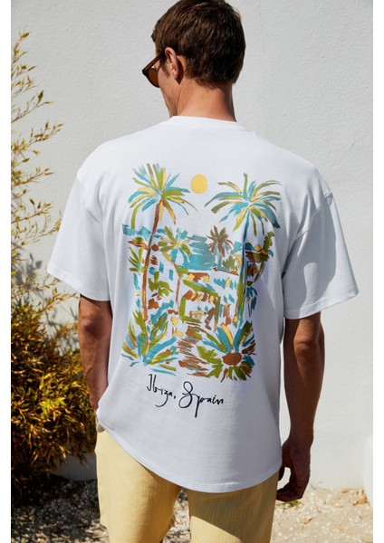Italıa Erkek Organik Pamuk Ön Arka Baskı Detaylı Oversize Kısa Kol Beyaz T-Shirt