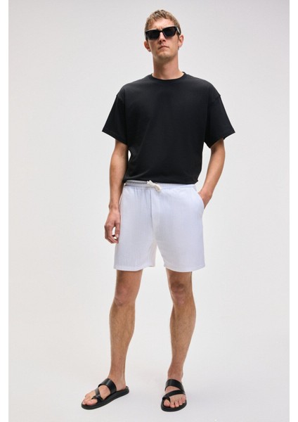 Leyton Erkek Relaxed Fit Çift Cepli Beli Lastikli Keten Karışımlı Dokuma Beyaz Şort & Bermuda
