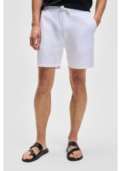 Leyton Erkek Relaxed Fit Çift Cepli Beli Lastikli Keten Karışımlı Dokuma Beyaz Şort & Bermuda