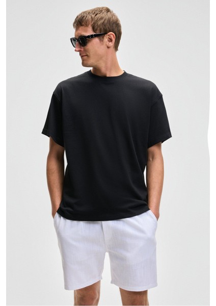 Leyton Erkek Relaxed Fit Çift Cepli Beli Lastikli Keten Karışımlı Dokuma Beyaz Şort & Bermuda