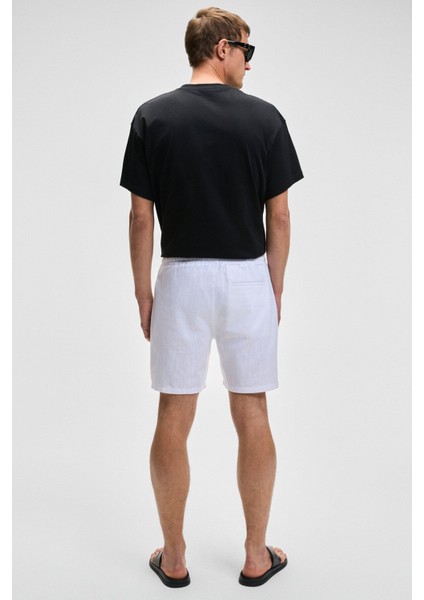 Leyton Erkek Relaxed Fit Çift Cepli Beli Lastikli Keten Karışımlı Dokuma Beyaz Şort & Bermuda
