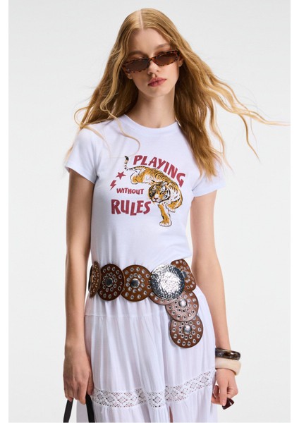 YELVANE Kadın %100 Pamuk Bisiklet Yaka Baskılı Regular Fit Beyaz T-Shirt