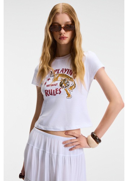 YELVANE Kadın %100 Pamuk Bisiklet Yaka Baskılı Regular Fit Beyaz T-Shirt modelleri