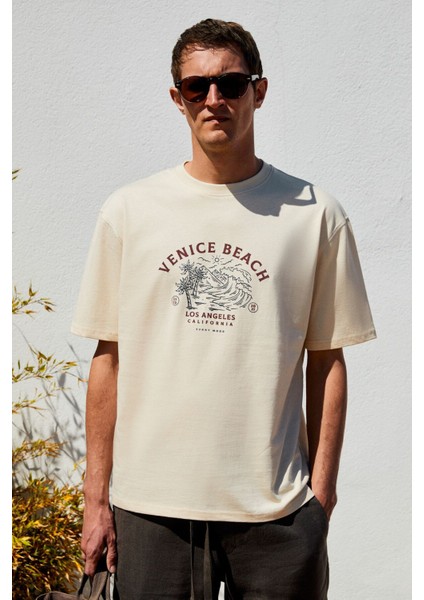 Provence Erkek Bisiklet Yaka %100 Organik Pamuklu Regular Fit Açık Bej T-Shirt