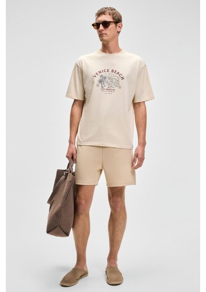 Provence Erkek Bisiklet Yaka %100 Organik Pamuklu Regular Fit Açık Bej T-Shirt