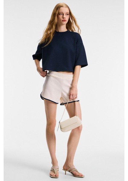 VELA Kadın Esnek Kumaşlı Bisiklet Yaka Oversize Fit Lacivert T-Shirt fiyatları