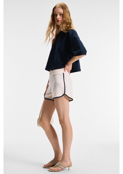 VELA Kadın Esnek Kumaşlı Bisiklet Yaka Oversize Fit Lacivert T-Shirt fırsatları