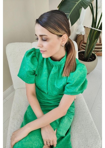 Fh Fashionhere Yeşil Jakarlı ve Desenli Elbise