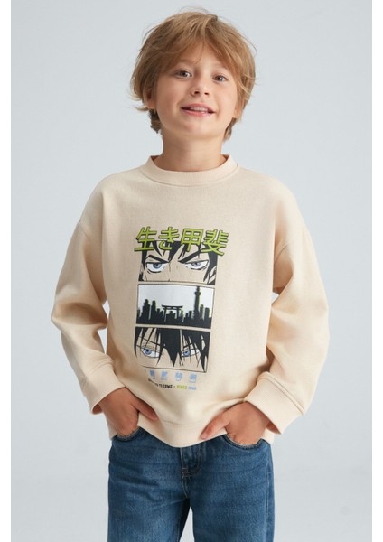 REMCO Erkek Çocuk Nakışlı Yuvarlak Yaka Krem Sweatshirt