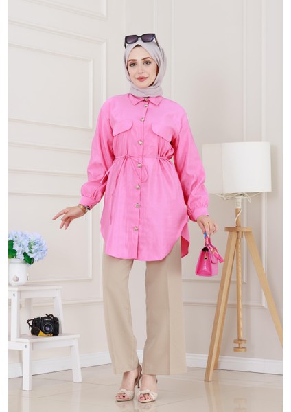 Cep Kapaklı Beli Bağcıklı Tunik-Pembe