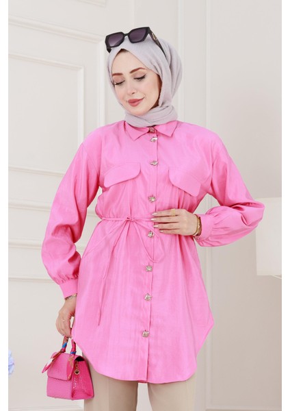 Cep Kapaklı Beli Bağcıklı Tunik-Pembe fırsatları