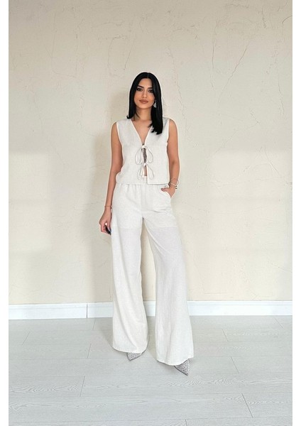 Fh Fashionhere Bej Önü Fiyonklu Keten Takım