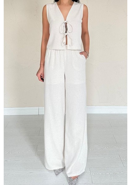 Fh Fashionhere Bej Önü Fiyonklu Keten Takım