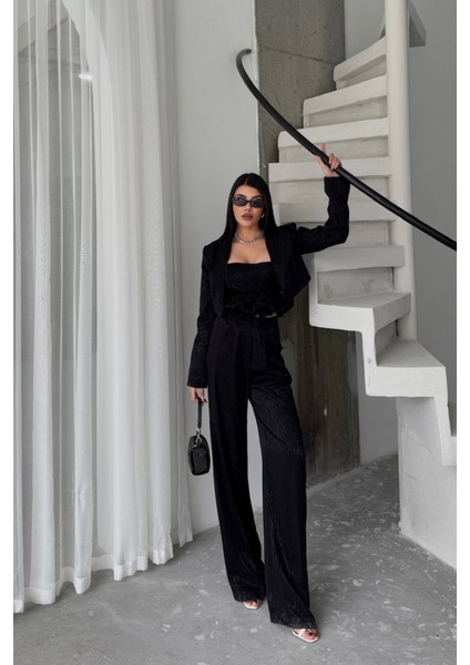 Fh Fashionhere Jakarlı Bluzu Tasarım Detaylı Ceket-Pantolon-Bluz 3 Lü Takım - Siyah