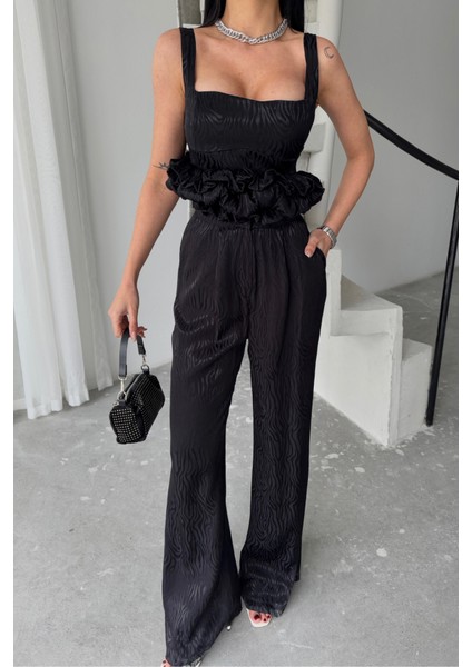 Fh Fashionhere Jakarlı Bluzu Tasarım Detaylı Ceket-Pantolon-Bluz 3 Lü Takım - Siyah