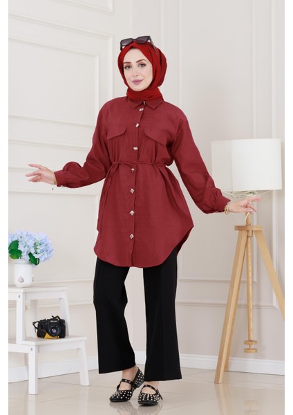 Cep Kapaklı Beli Bağcıklı Tunik-Bordo