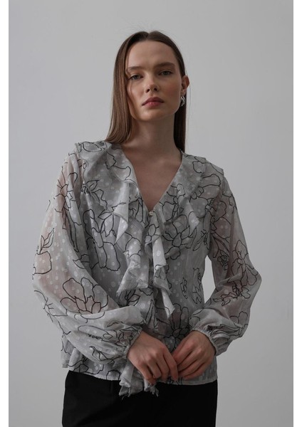 Fh Fashionhere Simli Fırfırlı Gömlek - Gri