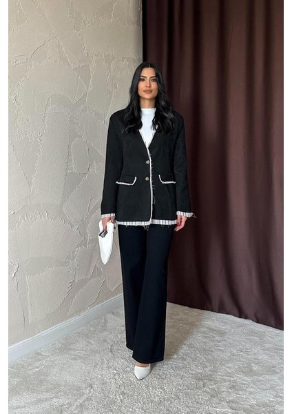 Fh Fashionhere Siyah Çizgili Astarlı Garnili Süet Ceket