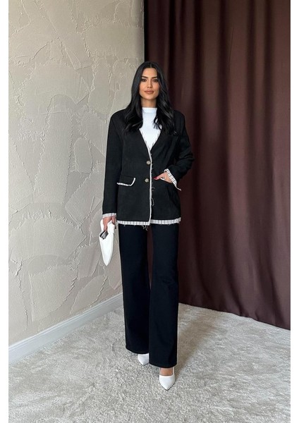 Fh Fashionhere Siyah Çizgili Astarlı Garnili Süet Ceket