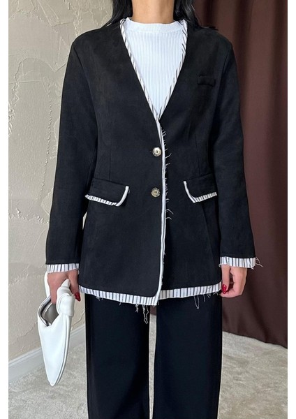 Fh Fashionhere Siyah Çizgili Astarlı Garnili Süet Ceket