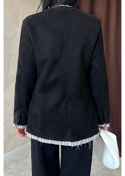 Fh Fashionhere Siyah Çizgili Astarlı Garnili Süet Ceket