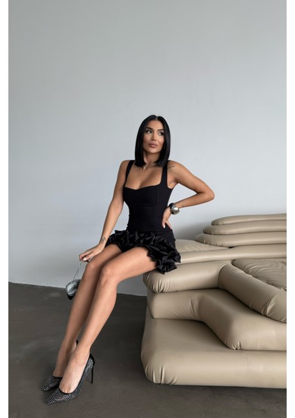 Fh Fashionhere Askılı Kısa Dar Elbise Etekucu Tasarım Katlı - Siyah