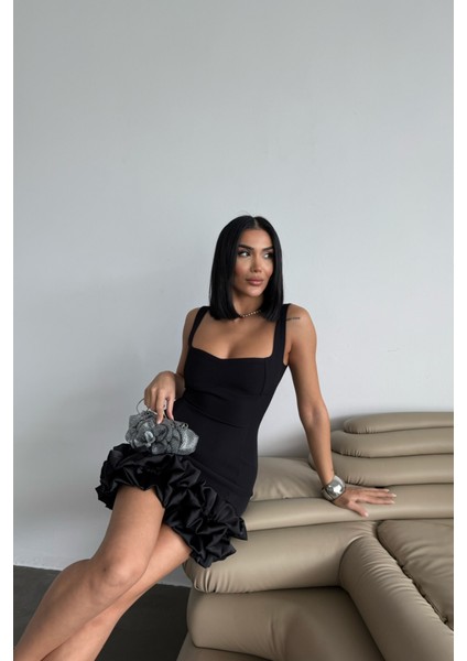Fh Fashionhere Askılı Kısa Dar Elbise Etekucu Tasarım Katlı - Siyah