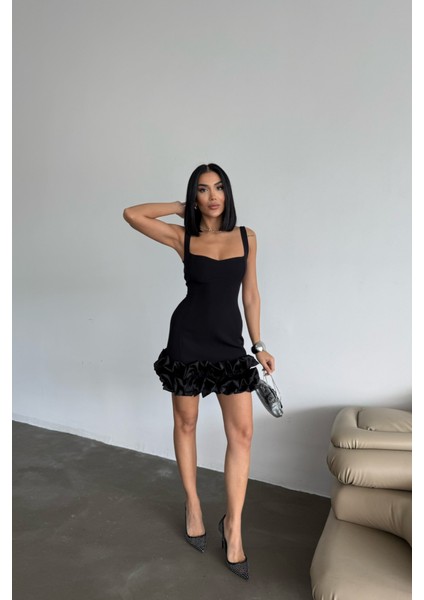 Fh Fashionhere Askılı Kısa Dar Elbise Etekucu Tasarım Katlı - Siyah