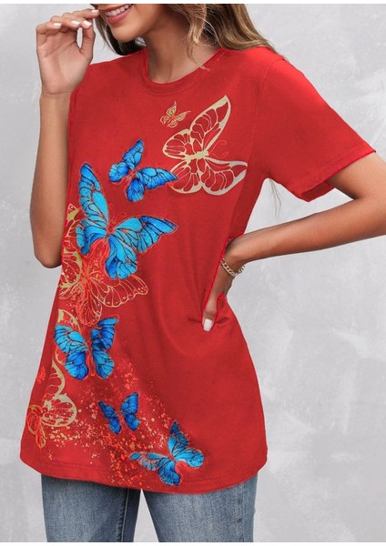 Fh Fashionhere Kadın Kısa Kollu Mavi Sarı Kelebek Baskı Süprem Bluz indirimleri