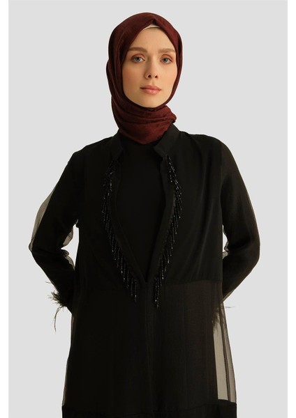 Taşlı Ferace 25YD3002 Siyah