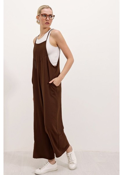 Fh Fashionhere 7019 Askılı Bahçivan Tulum - Kahverengi