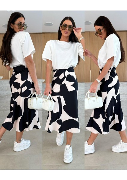 Fh Fashionhere Kadın Kısa Kollu Bisiklet Yaka Viskon Bluz ve Desenli Süprem Etek Ikili Takım