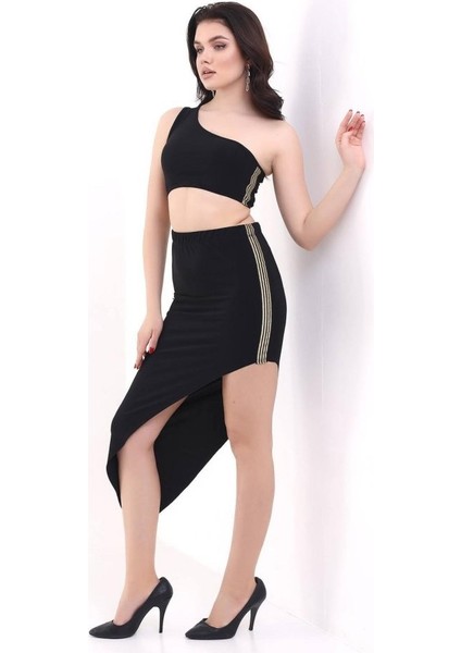 Fh Fashionhere Kadın Tek Omuzlu Asimetrik Etek Şerit Detaylı Fırsat Ürün Sandy Kumaş Ikili Takım