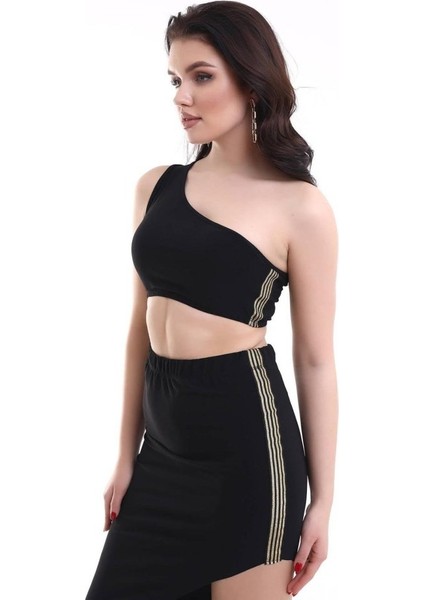 Fh Fashionhere Kadın Tek Omuzlu Asimetrik Etek Şerit Detaylı Fırsat Ürün Sandy Kumaş Ikili Takım