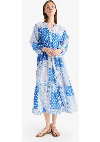 Tropikal Desenli Uzun Kollu Vual Plaj Elbisesi-Fall in Love E7745AX25SP