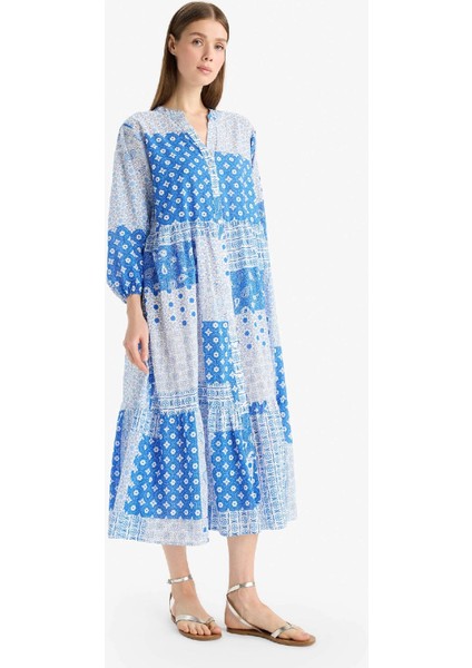 Tropikal Desenli Uzun Kollu Vual Plaj Elbisesi-Fall in Love E7745AX25SP fiyatları