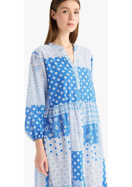 Tropikal Desenli Uzun Kollu Vual Plaj Elbisesi-Fall in Love E7745AX25SP modelleri