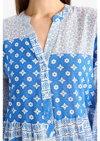 Tropikal Desenli Uzun Kollu Vual Plaj Elbisesi-Fall in Love E7745AX25SP fırsatları