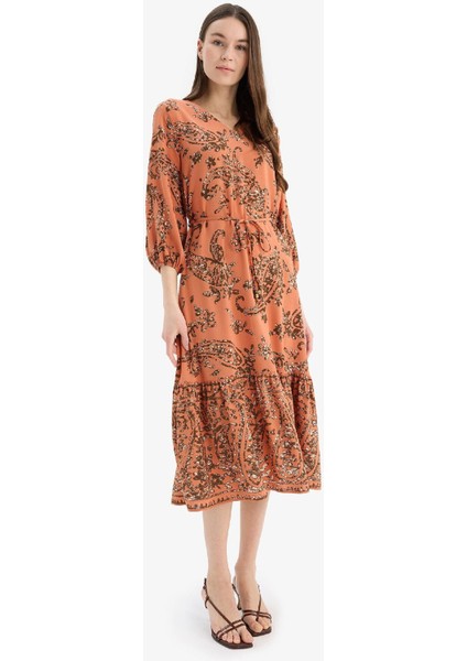 Regular Fit V Yaka Çiçek Desenli Yarım Kollu Midi Elbise F0985AX25SM