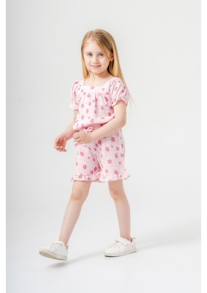 Çiçek Baskı Müslin Kız Çocuk Şortlu takım - Pembe