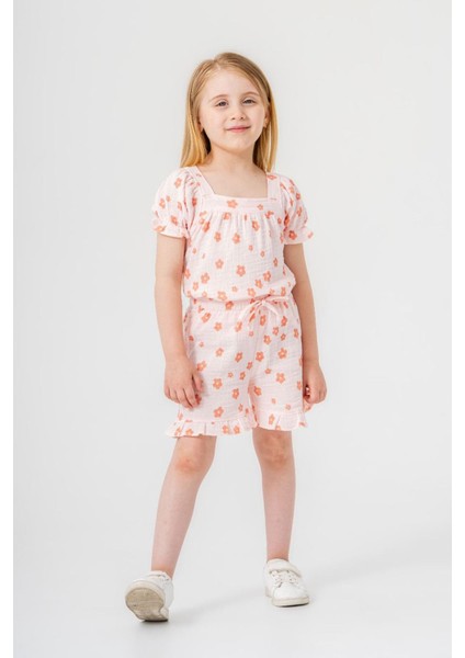 Çiçek Baskı Müslin Kız Çocuk Şortlu takım - Somon