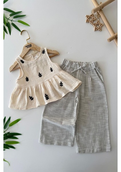 Müslin Işlemeli Arka Düğme Detaylı Kız çocuk Takım - Krem