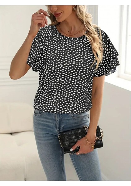 Fh Fashionhere Kadın Kısa Kollu Kolları Volanlı Baskılı Süprem Bluz