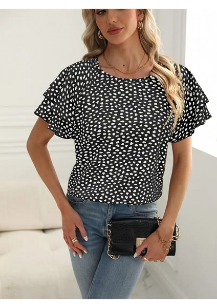 Fh Fashionhere Kadın Kısa Kollu Kolları Volanlı Baskılı Süprem Bluz fırsatları
