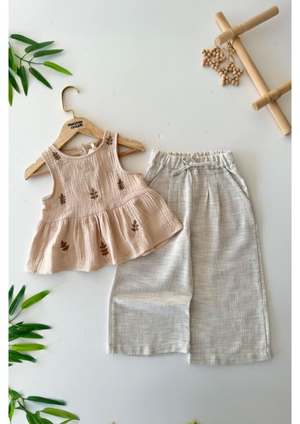 Müslin Işlemeli Arka Düğme Detaylı Kız çocuk Takım - Kahve