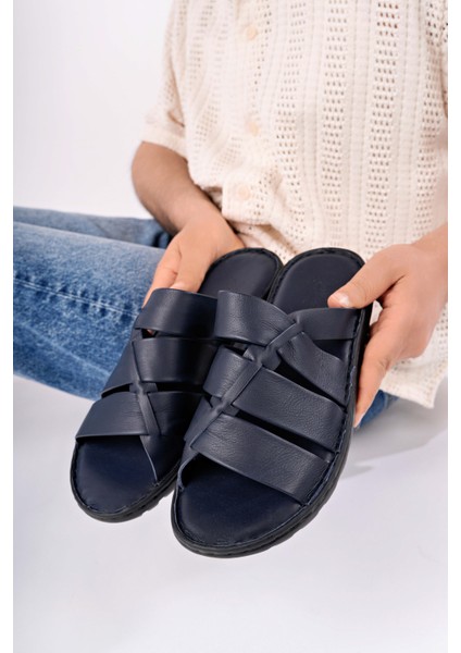Erkek Hakiki Deri Lacivert Comfort Taban Rahat Terlik modelleri