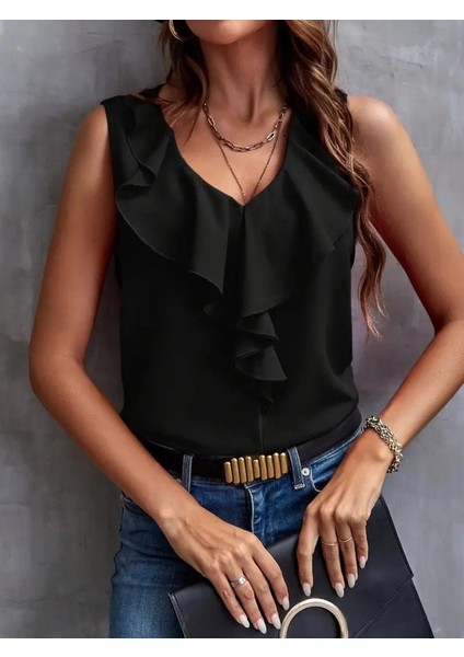 Fh Fashionhere Kadın Sıfır Kollu V Yakalı Volanlı Ithal Krep Bluz