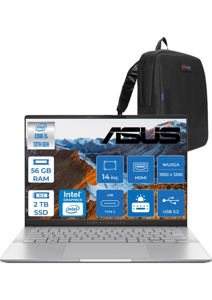 Vivobook WS3407VA S14 Intel Core I5 13420H-56 GB Ddr5-2tb Ssd-14" Wuxga IPS 300NITS Freedos Taşınabilir Bilgisayar ZLY045F29+ZETTAÇANTA